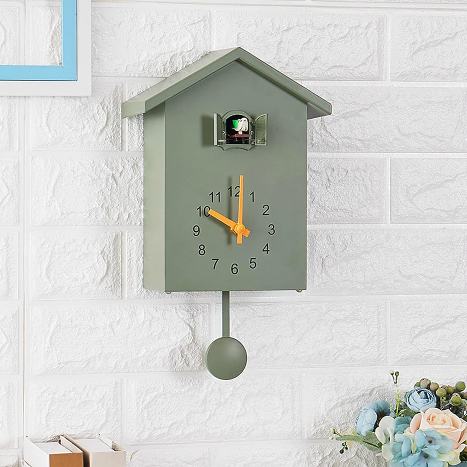 LZLUCKCOME Cuckoo Clock, Modern Cuckoo Clock with Pendulum, Pendulum Clock, Wall Clock, Modern Black Forest Clock, with Night Sleep Function, Bird Singing, Bird Voice (Green)-3