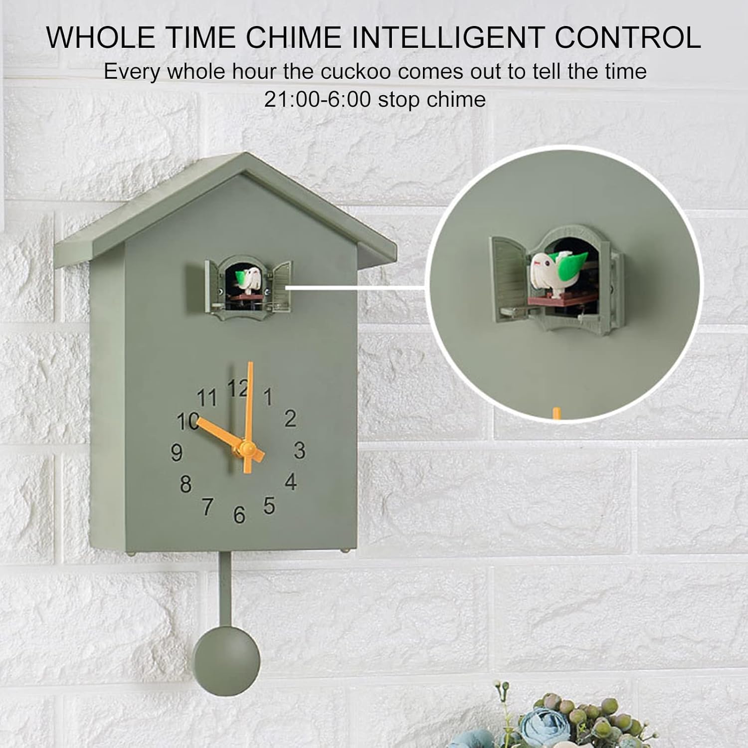 LZLUCKCOME Cuckoo Clock, Modern Cuckoo Clock with Pendulum, Pendulum Clock, Wall Clock, Modern Black Forest Clock, with Night Sleep Function, Bird Singing, Bird Voice (Green)-5