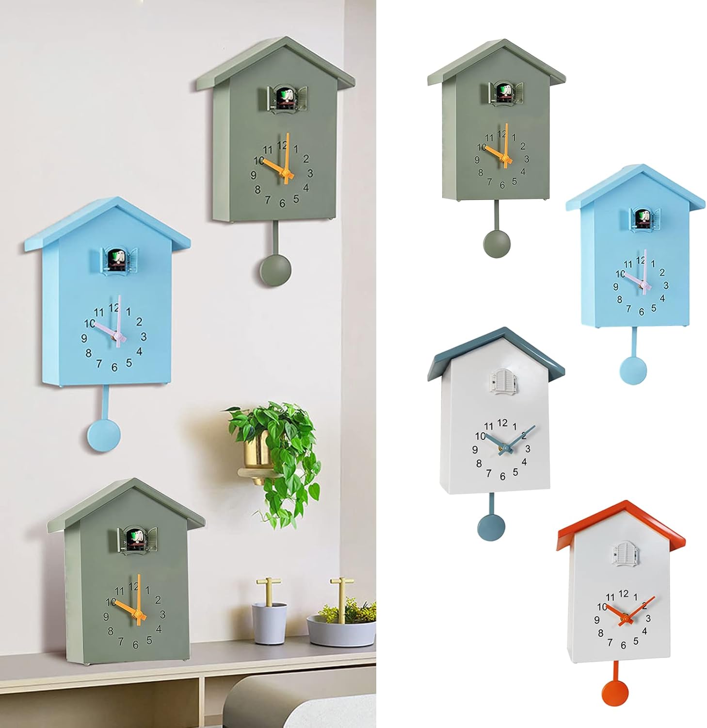 LZLUCKCOME Cuckoo Clock, Modern Cuckoo Clock with Pendulum, Pendulum Clock, Wall Clock, Modern Black Forest Clock, with Night Sleep Function, Bird Singing, Bird Voice (Green)-6