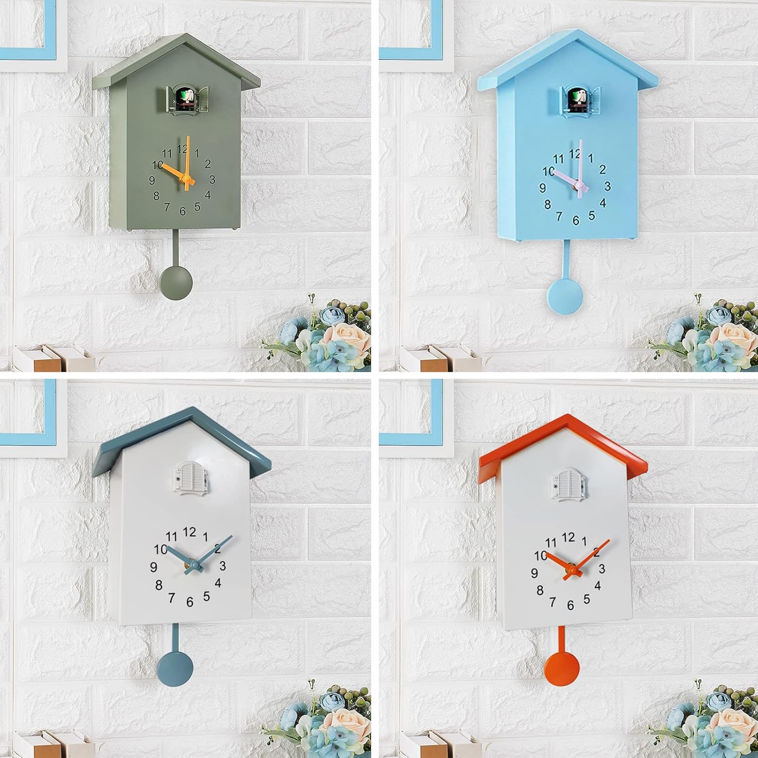 LZLUCKCOME Cuckoo Clock, Modern Cuckoo Clock with Pendulum, Pendulum Clock, Wall Clock, Modern Black Forest Clock, with Night Sleep Function, Bird Singing, Bird Voice (Green)-7