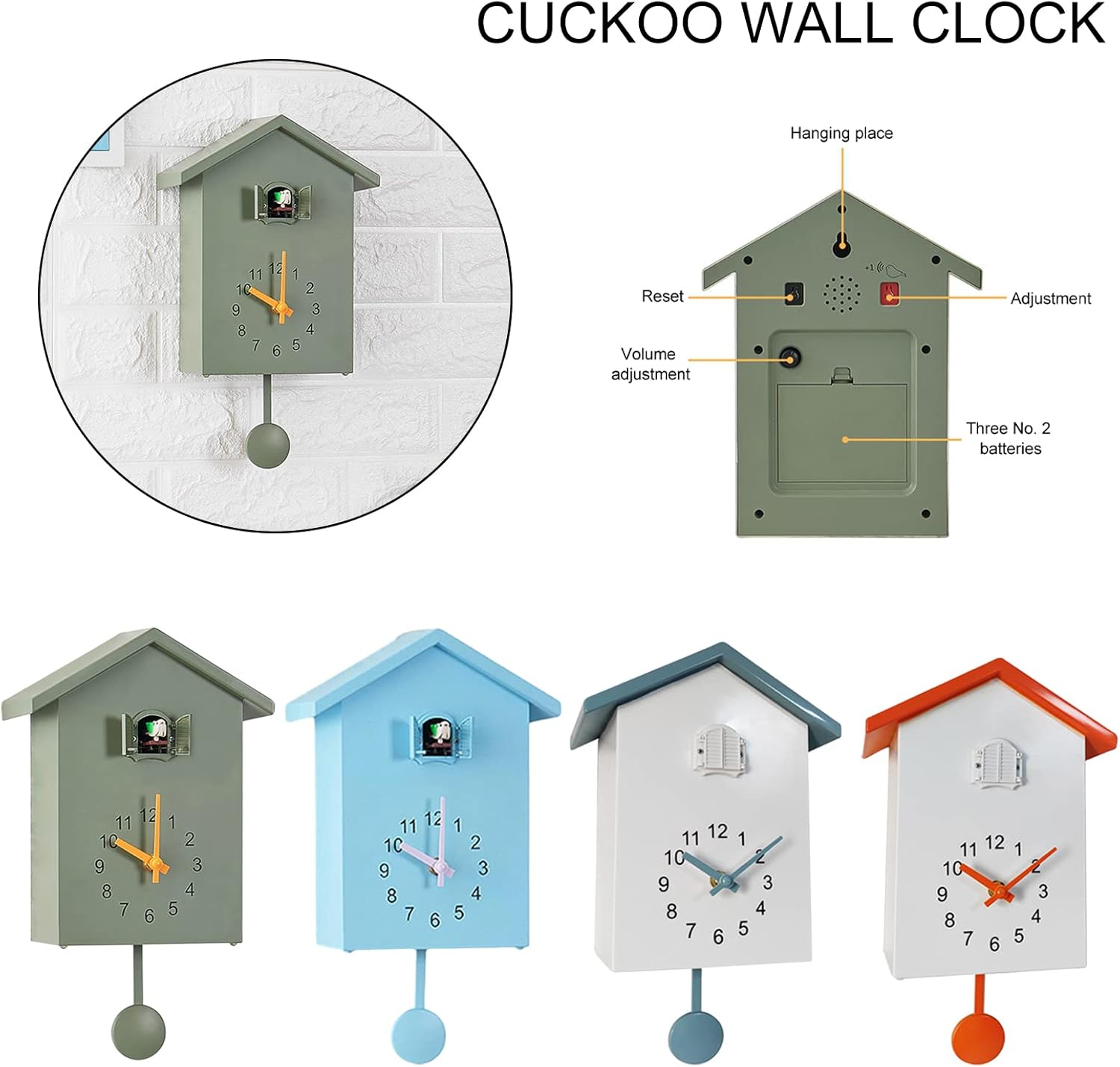 LZLUCKCOME Cuckoo Clock, Modern Cuckoo Clock with Pendulum, Pendulum Clock, Wall Clock, Modern Black Forest Clock, with Night Sleep Function, Bird Singing, Bird Voice (Green)-8