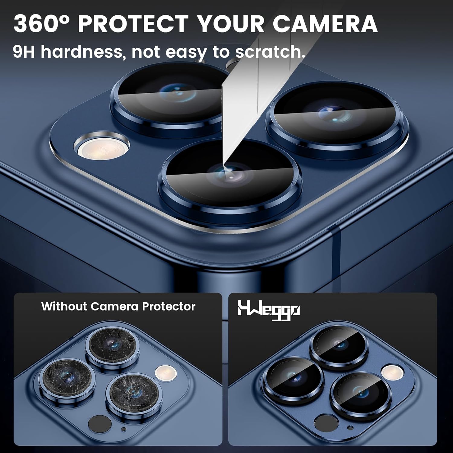 HWeggo for iPhone 15 Pro/iPhone 15 Pro Max Camera Lens Protector,9H Tempered Glass Camera Cover,All-in-one Aluminum Alloy Metal,Anti-Scratch Matte Case Friendly(Blue)-3