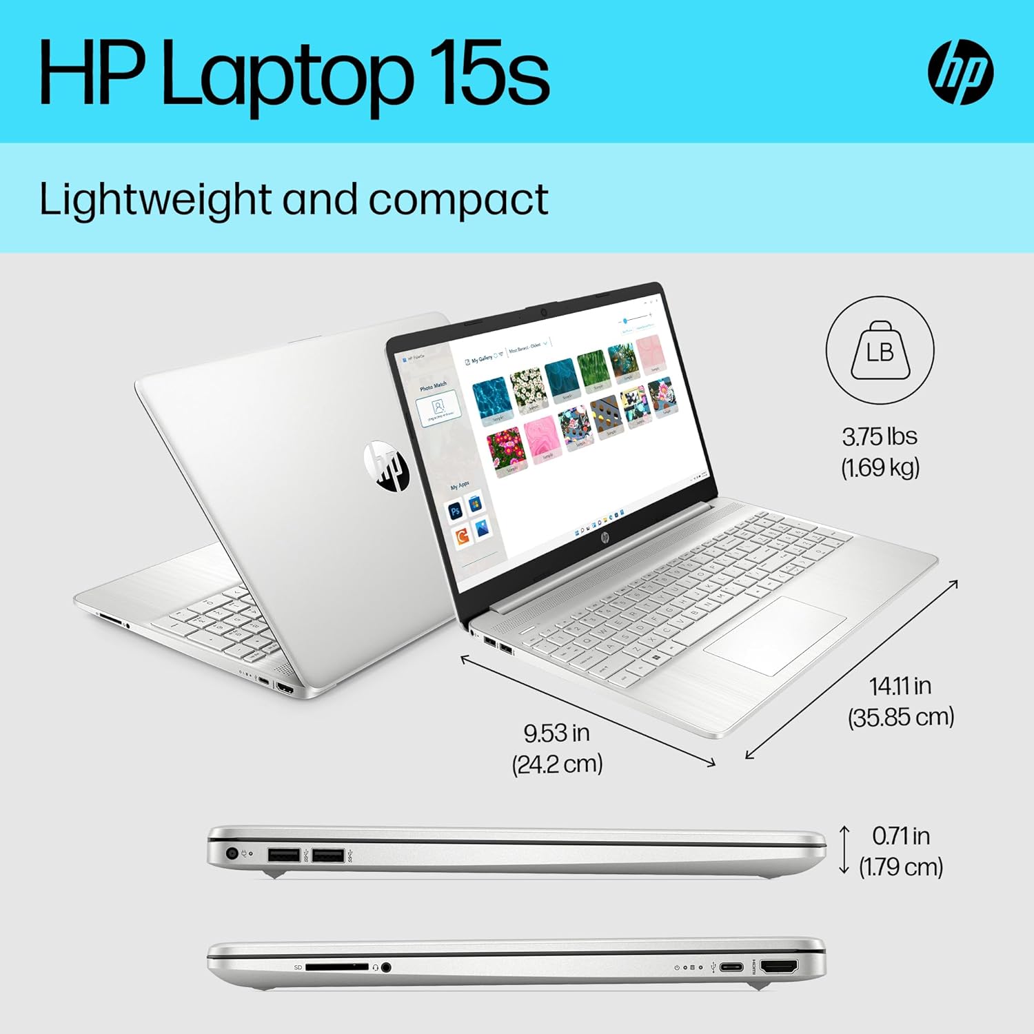 HP 15.6" Laptop , Intel Core i7-1255U Processor , 8 GB RAM , 512 GB SSD , Intel Iris Graphics , FHD Display , Up to 7hrs battery , Win 11 , Dual Speakers , Natural Silver , 15s-fq5030sa-3