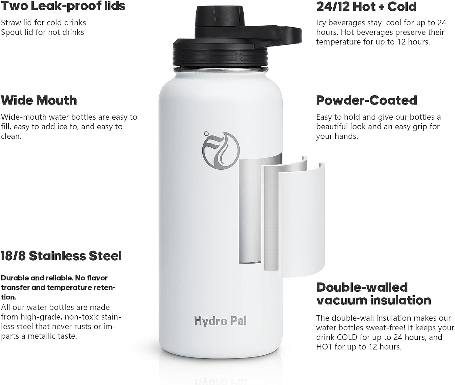 HydroPal Vacuum Insulated Stainless Steel Water Bottle, 1200ml/1000ml/750ml- 2 Lids (Straw Lid and Spout Lid), 2 Straws Water Bottle for 12 Hours Hot & 24 Hours Cold Drinks, Great for Work, Travel-1