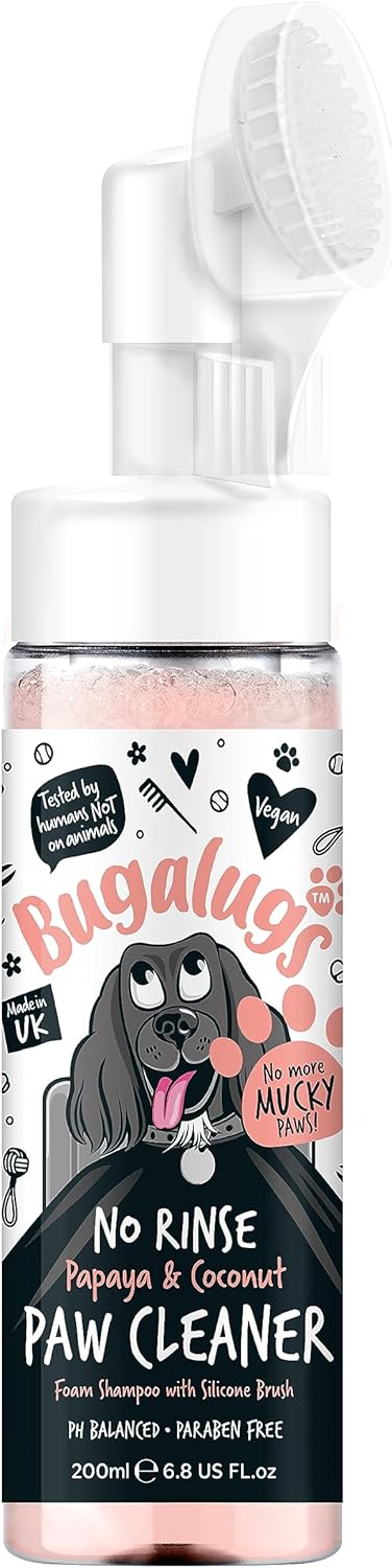 Bugalugs Dog Paw Cleaner No Rinse Foam Cat & Dog shampoo with Silicone Brush Head, waterless grooming products. Travel friendly paw cleaner for dogs defeat muddy paws on the go (Papaya & Coconut)-0