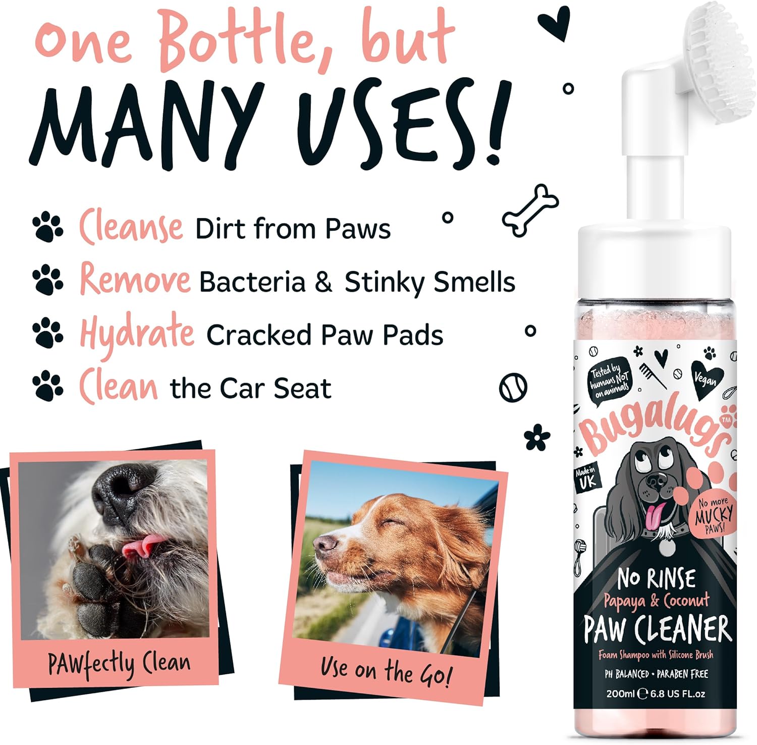 Bugalugs Dog Paw Cleaner No Rinse Foam Cat & Dog shampoo with Silicone Brush Head, waterless grooming products. Travel friendly paw cleaner for dogs defeat muddy paws on the go (Papaya & Coconut)-1