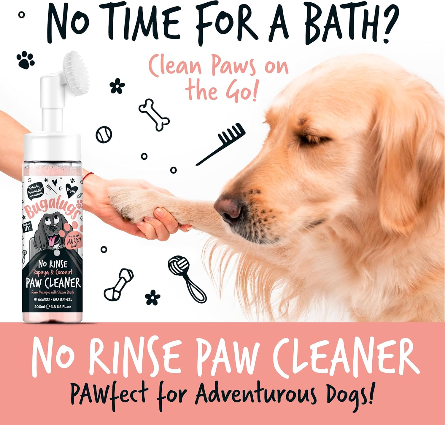 Bugalugs Dog Paw Cleaner No Rinse Foam Cat & Dog shampoo with Silicone Brush Head, waterless grooming products. Travel friendly paw cleaner for dogs defeat muddy paws on the go (Papaya & Coconut)-2