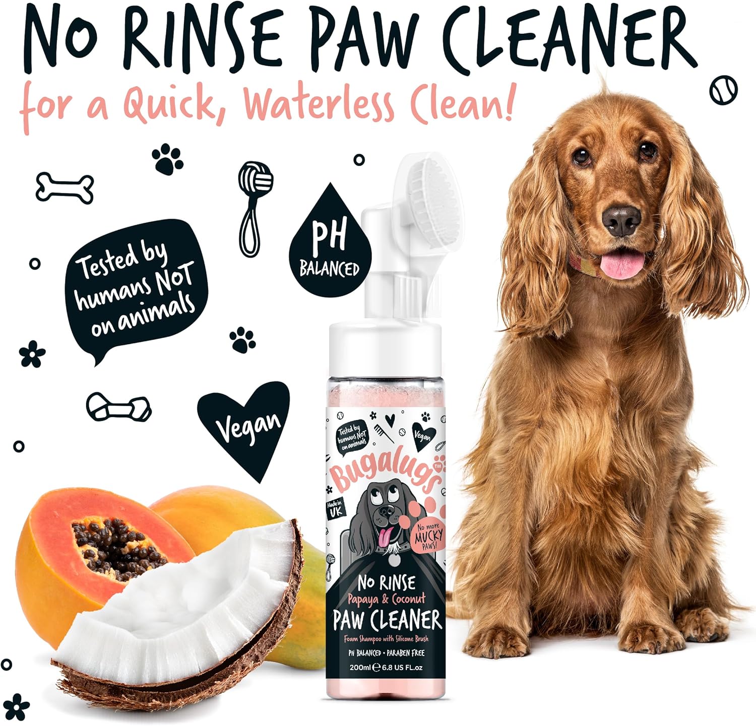 Bugalugs Dog Paw Cleaner No Rinse Foam Cat & Dog shampoo with Silicone Brush Head, waterless grooming products. Travel friendly paw cleaner for dogs defeat muddy paws on the go (Papaya & Coconut)-4