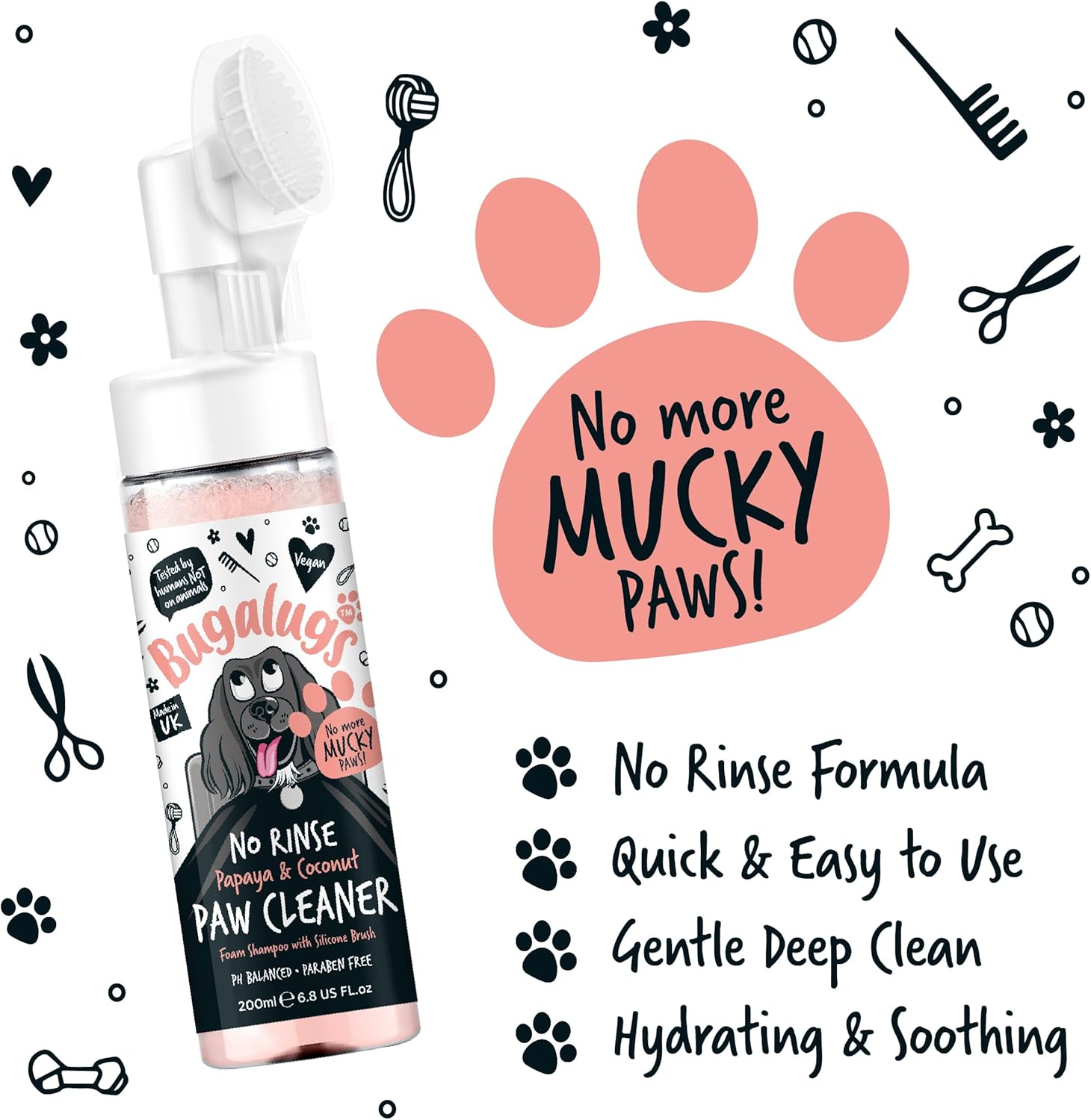 Bugalugs Dog Paw Cleaner No Rinse Foam Cat & Dog shampoo with Silicone Brush Head, waterless grooming products. Travel friendly paw cleaner for dogs defeat muddy paws on the go (Papaya & Coconut)-5