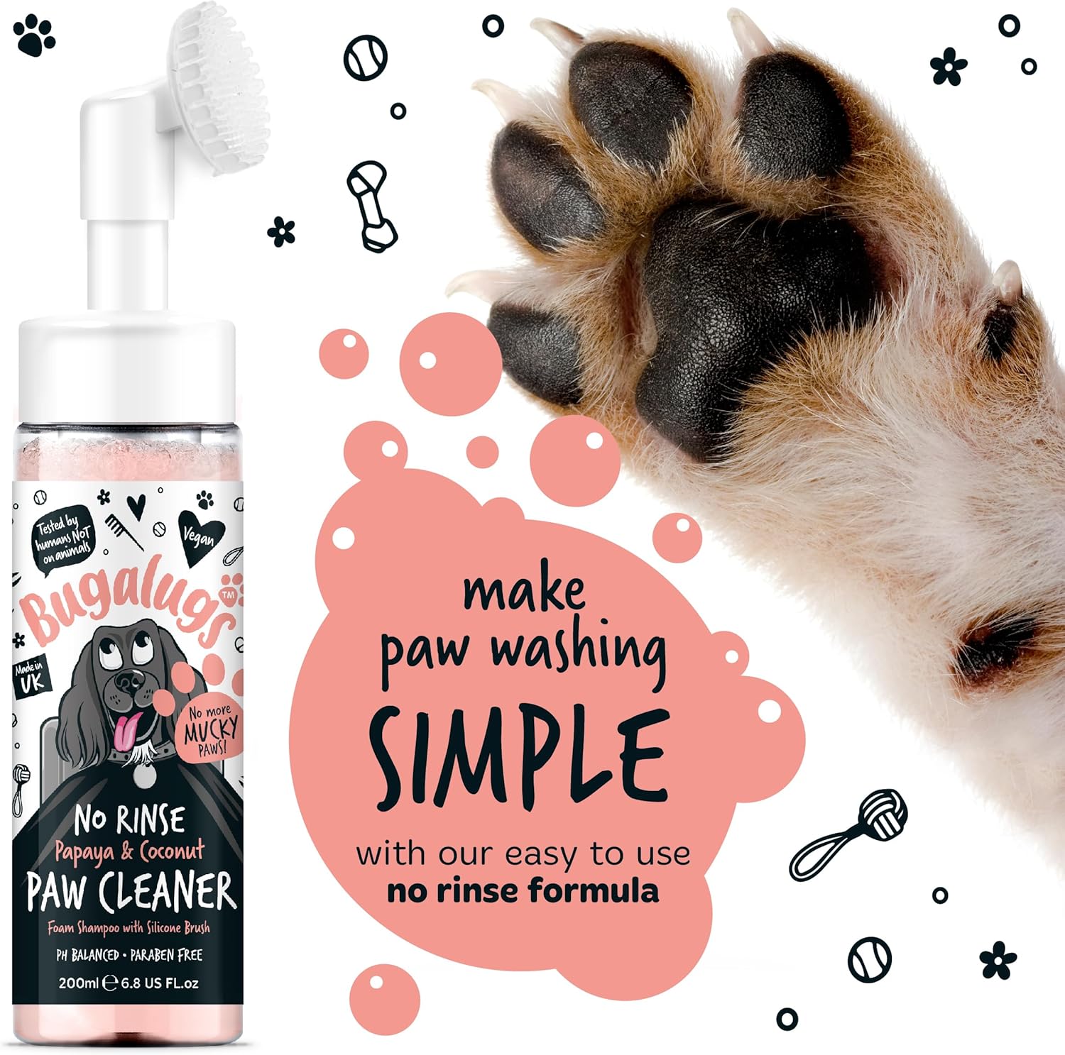 Bugalugs Dog Paw Cleaner No Rinse Foam Cat & Dog shampoo with Silicone Brush Head, waterless grooming products. Travel friendly paw cleaner for dogs defeat muddy paws on the go (Papaya & Coconut)-6