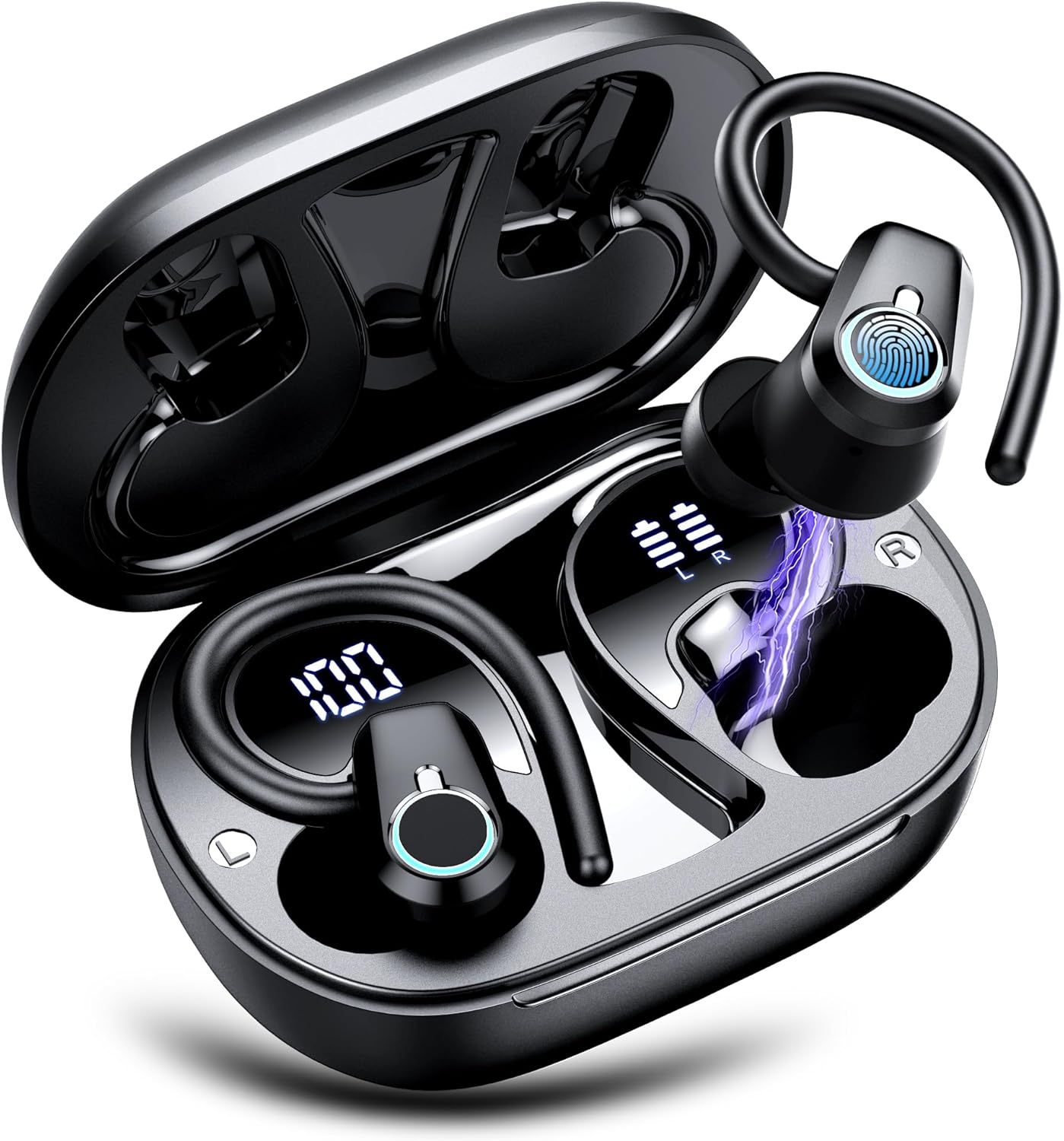 Wireless Earbuds, 2023 Wireless Earphones Bluetooth 5.3 Headphones Wireless, Over Ear Buds Wireless Earbuds with Earhooks, IP7 Waterproof 50H Stereo Wireless Headphones Sport, Dual LED Display, Black-0