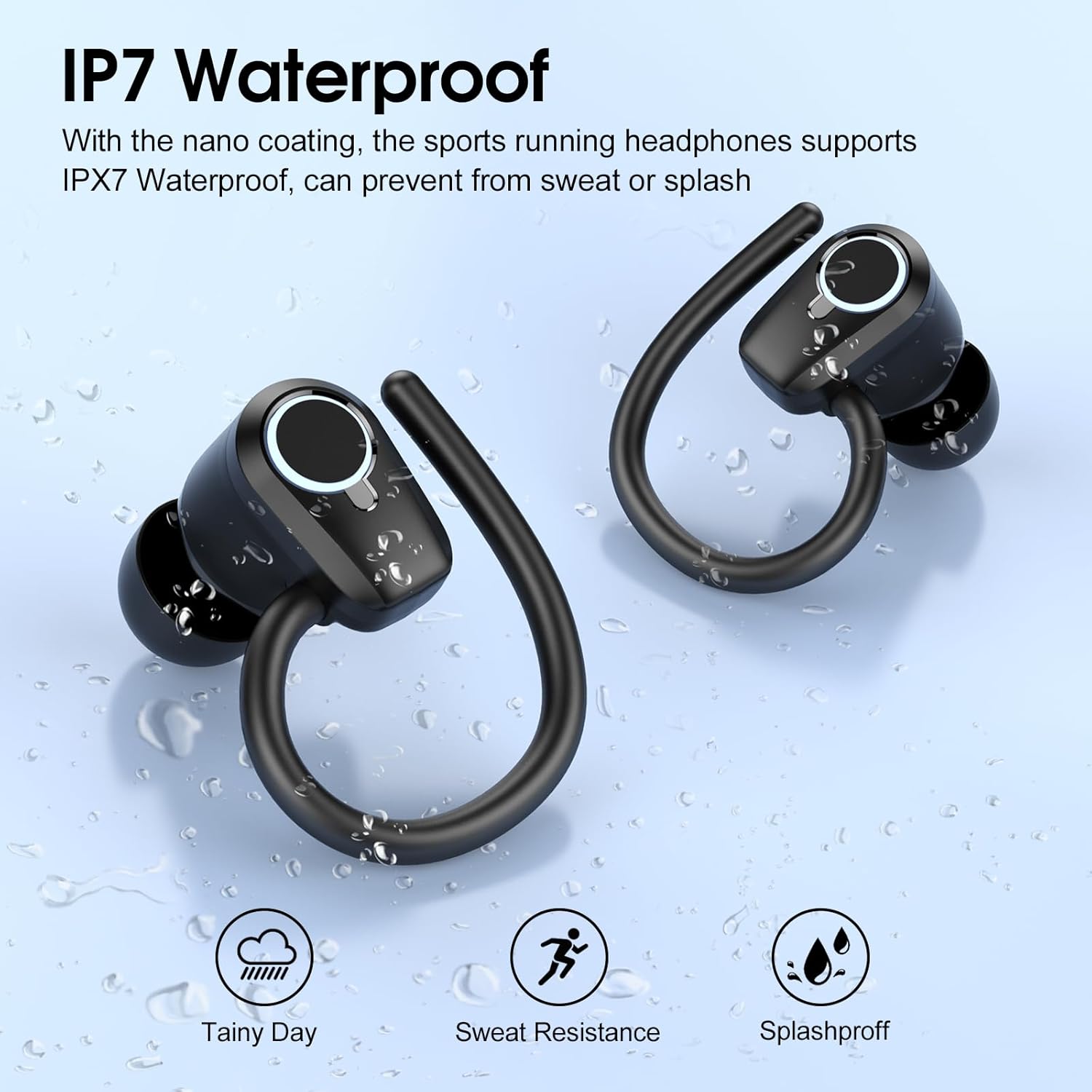 Wireless Earbuds, 2023 Wireless Earphones Bluetooth 5.3 Headphones Wireless, Over Ear Buds Wireless Earbuds with Earhooks, IP7 Waterproof 50H Stereo Wireless Headphones Sport, Dual LED Display, Black-3