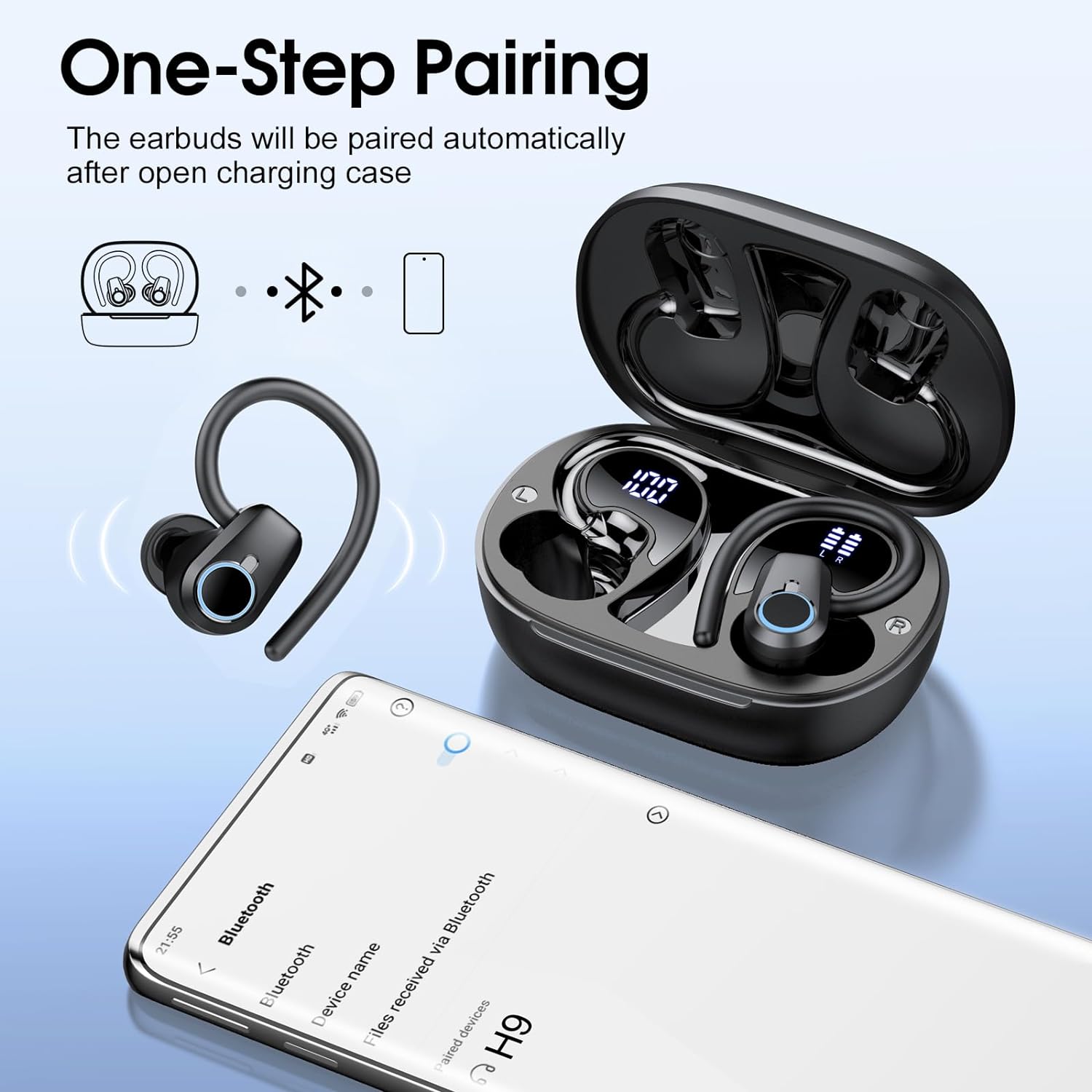 Wireless Earbuds, 2023 Wireless Earphones Bluetooth 5.3 Headphones Wireless, Over Ear Buds Wireless Earbuds with Earhooks, IP7 Waterproof 50H Stereo Wireless Headphones Sport, Dual LED Display, Black-4