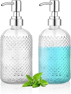 Kyraton Glass Soap Dispenser, 350 ml Thick Clear Jar Soap Dispenser 2 Pieces with Stainless Steel Pump, Refillable Bathroom Kitchen Soap Dispenser with for Hand Soap, Essential Oil, Lotion