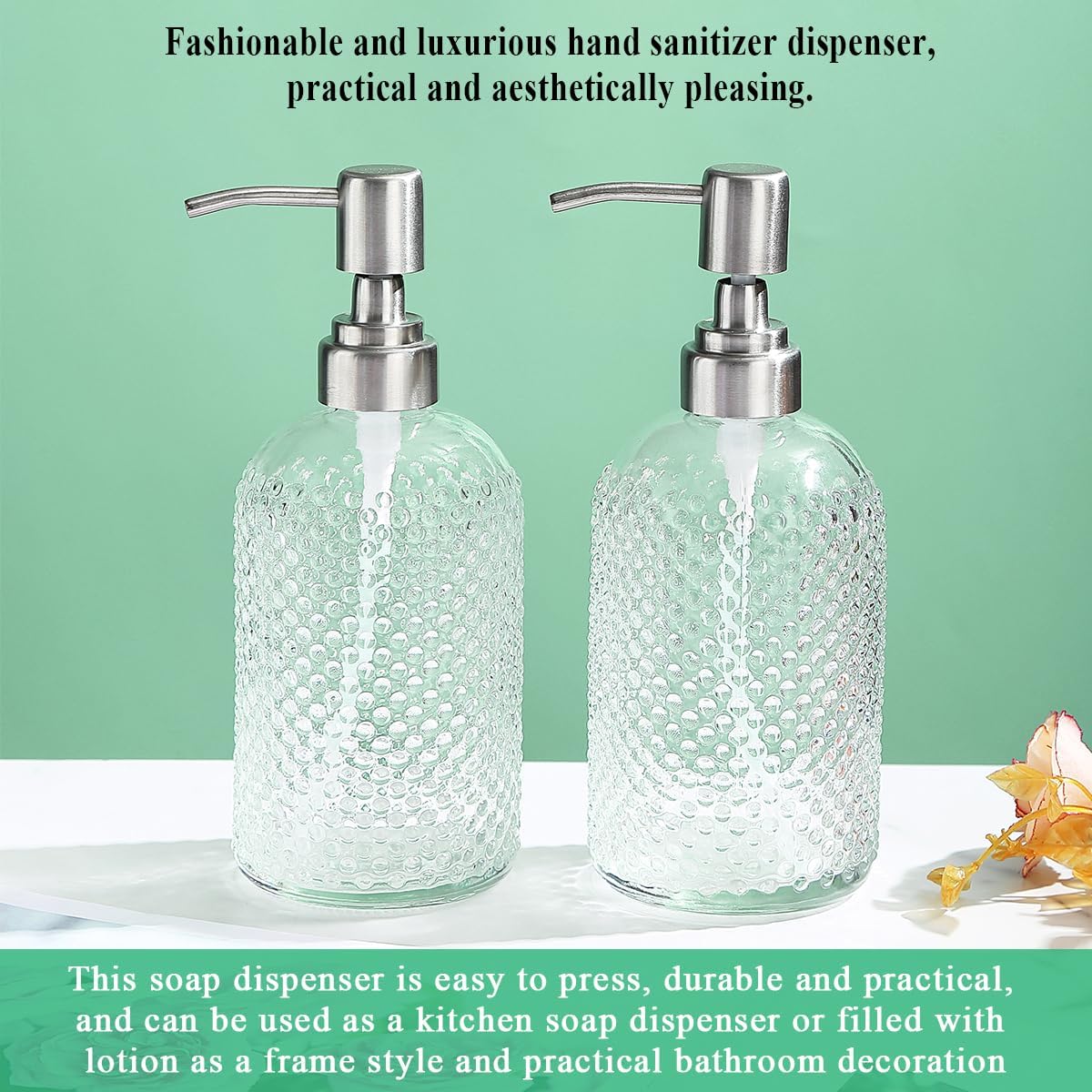 Kyraton Glass Soap Dispenser, 350 ml Thick Clear Jar Soap Dispenser 2 Pieces with Stainless Steel Pump, Refillable Bathroom Kitchen Soap Dispenser with for Hand Soap, Essential Oil, Lotion-2