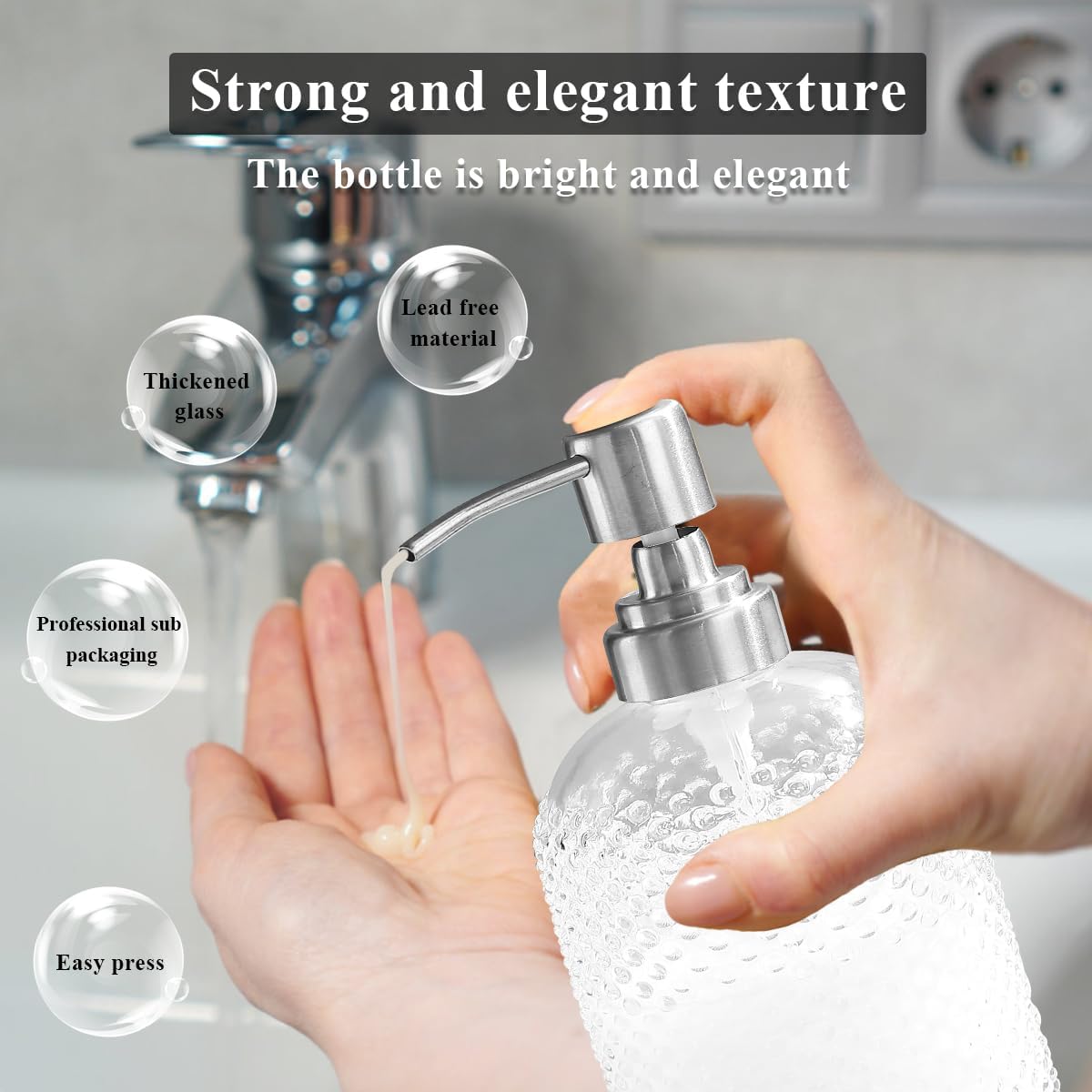 Kyraton Glass Soap Dispenser, 350 ml Thick Clear Jar Soap Dispenser 2 Pieces with Stainless Steel Pump, Refillable Bathroom Kitchen Soap Dispenser with for Hand Soap, Essential Oil, Lotion-3