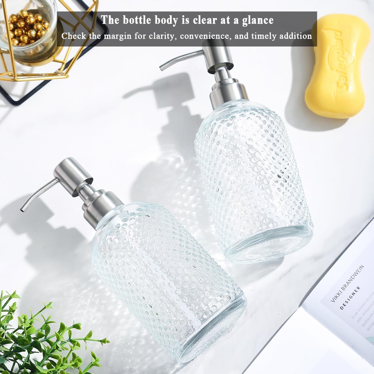 Kyraton Glass Soap Dispenser, 350 ml Thick Clear Jar Soap Dispenser 2 Pieces with Stainless Steel Pump, Refillable Bathroom Kitchen Soap Dispenser with for Hand Soap, Essential Oil, Lotion-4