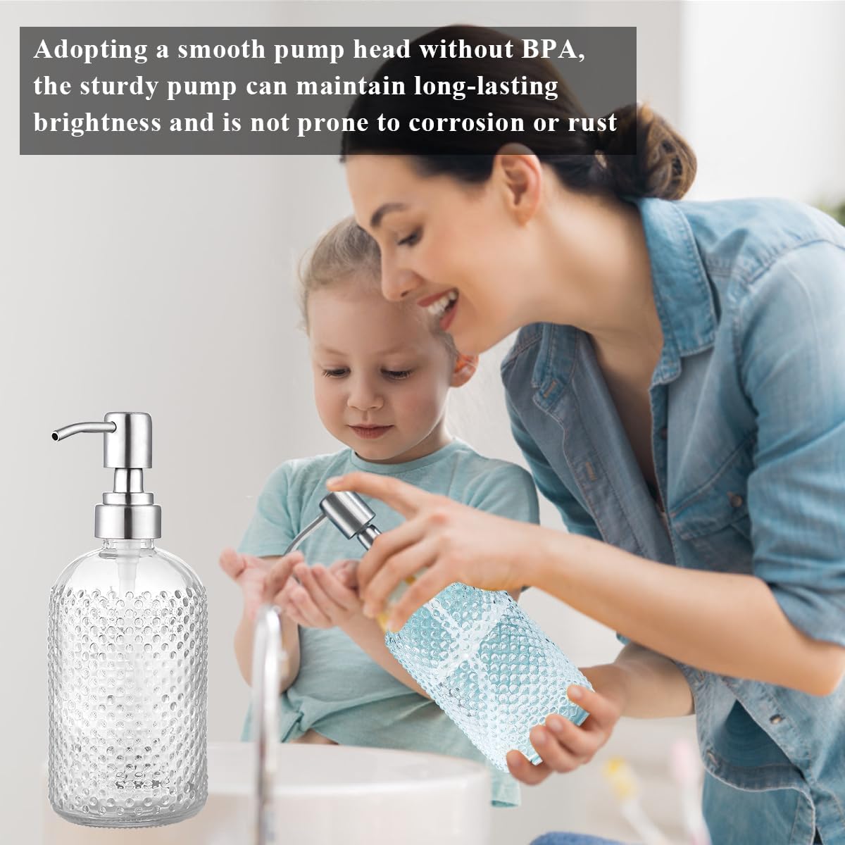 Kyraton Glass Soap Dispenser, 350 ml Thick Clear Jar Soap Dispenser 2 Pieces with Stainless Steel Pump, Refillable Bathroom Kitchen Soap Dispenser with for Hand Soap, Essential Oil, Lotion-5