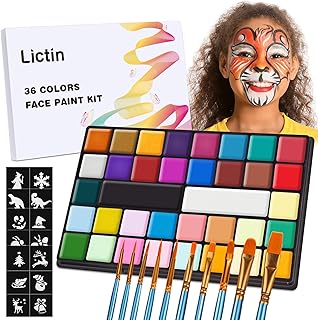 Lictin Face Body Painting Kit, 36 Colors Face&Body Paint Kit (20 Classic Colors+8 Metal Colors +8 UV Glow Colors) with 10 Brushes 20PCS Reusable Face Stencils for Kids’ and Adults’ Party Makeup