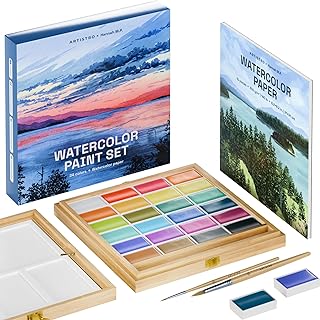 ARTISTRO x HANNAH M.P Professional Watercolor Paint Set Limited Edition with 24 colors in Bamboo Wooden Box (6ml XL Pans) - 2 Brushes, Watercolor Paper, Mixing Tray - Watercolor Set for Professionals