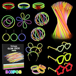 Vicloon Glow Sticks, 343 Pcs Party Pack with Eye Glasses-Bracelet Connectors, Premium Glow Neon Necklaces for Party, Festival, Wedding, Halloween Decoration - Non Toxic