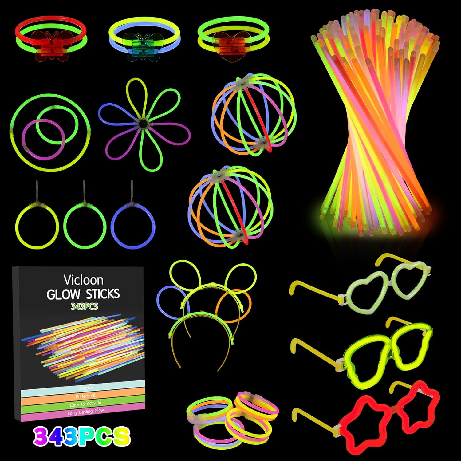 Vicloon Glow Sticks, 343 Pcs Party Pack with Eye Glasses-Bracelet Connectors, Premium Glow Neon Necklaces for Party, Festival, Wedding, Halloween Decoration - Non Toxic-0