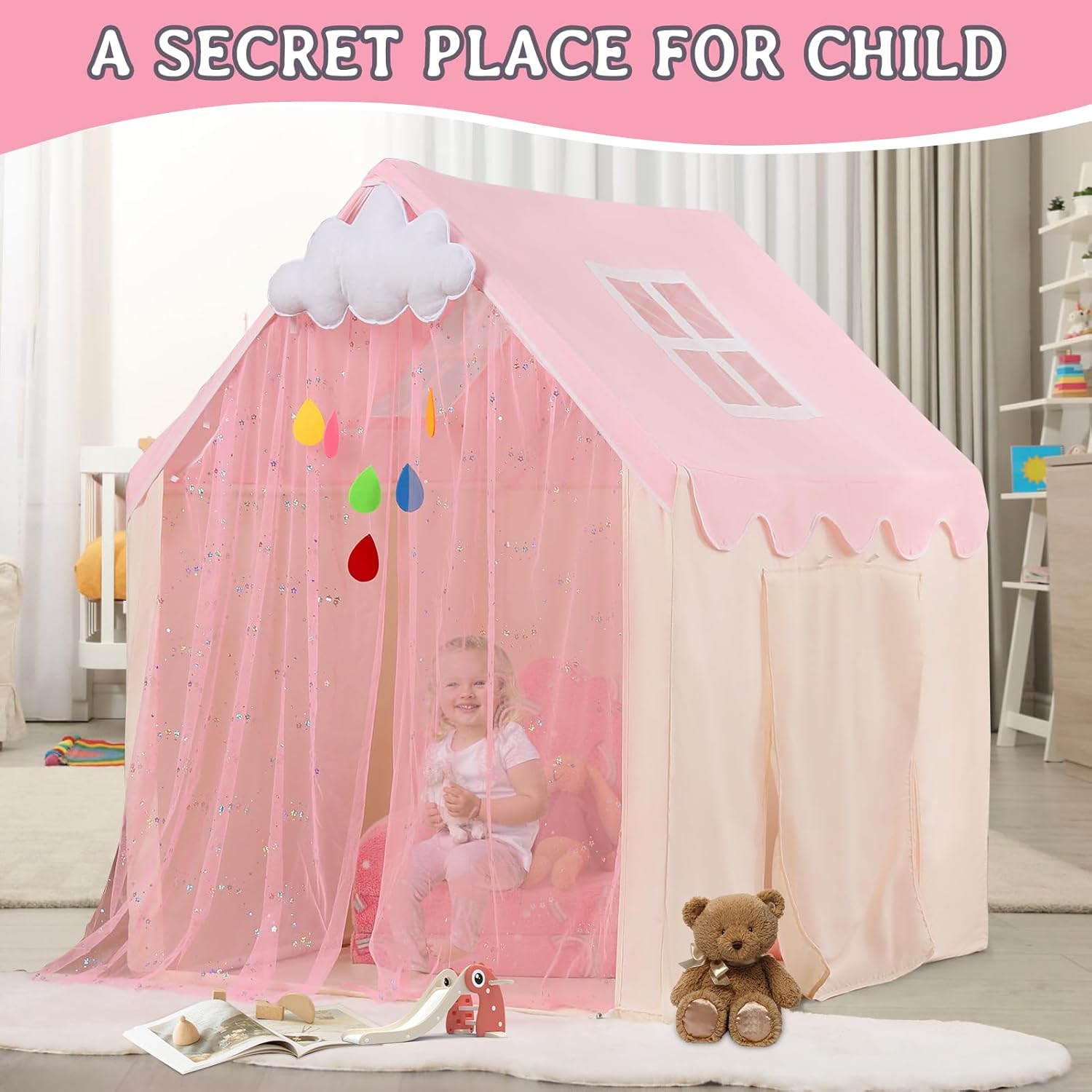 LOAOL Kids Play Tent with Two Doors and Windows, Middle Sized Playhouse Tent for Baby Girls and Boys, Imaginative Kids Indoor Playhouses Play Tent, Pink-1