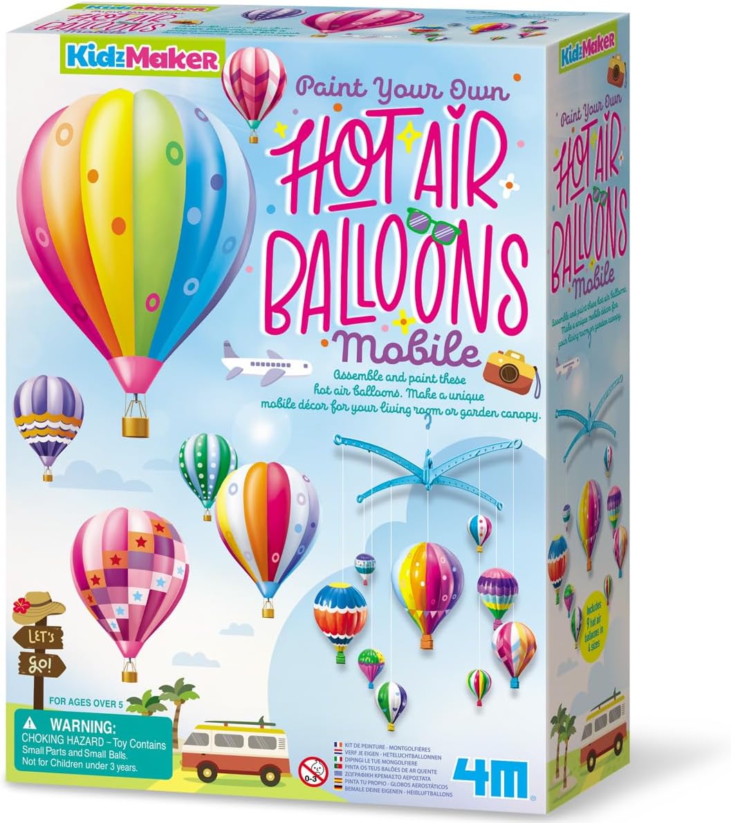 4M Hot Air Balloons Mobile, Paint Your Own Mobile, Arts and Crafts Kit to Complete Hot Air Balloons Room Decoration, Boys and Girls Ages 5+-0