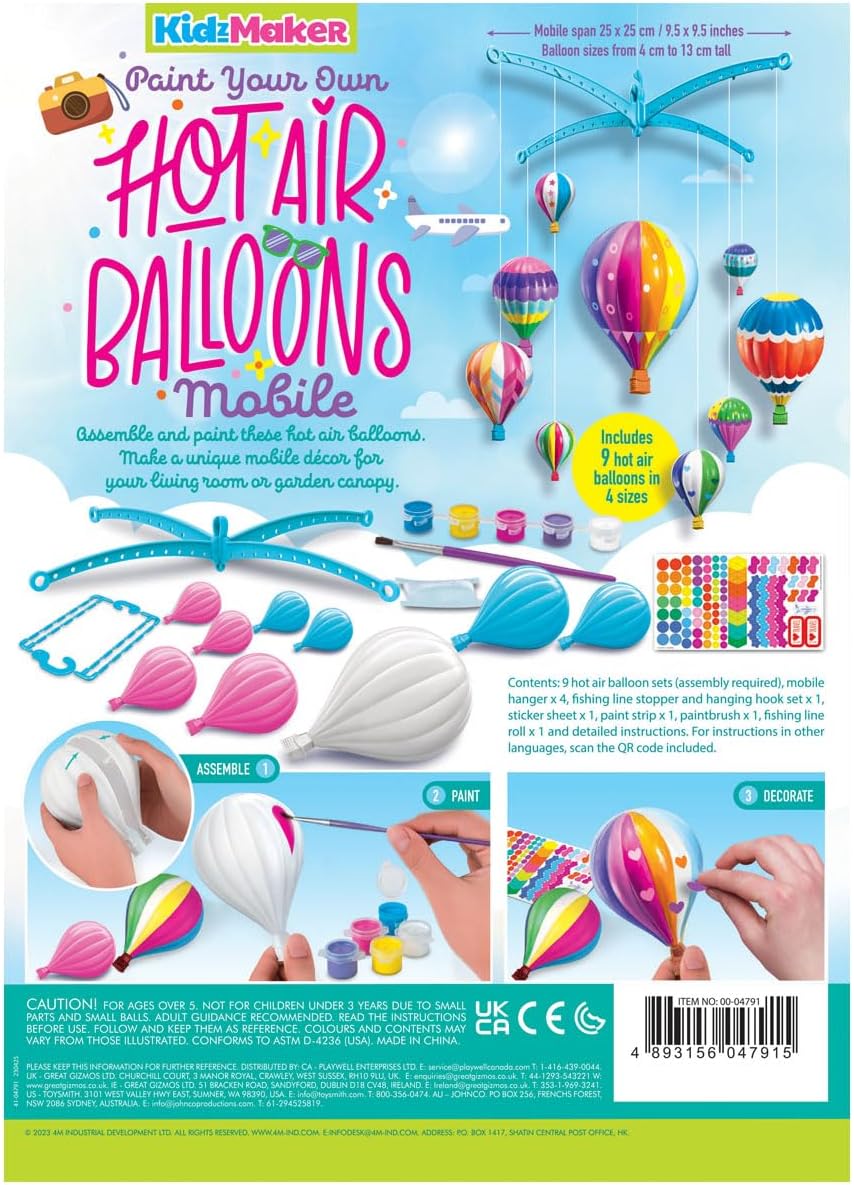 4M Hot Air Balloons Mobile, Paint Your Own Mobile, Arts and Crafts Kit to Complete Hot Air Balloons Room Decoration, Boys and Girls Ages 5+-7