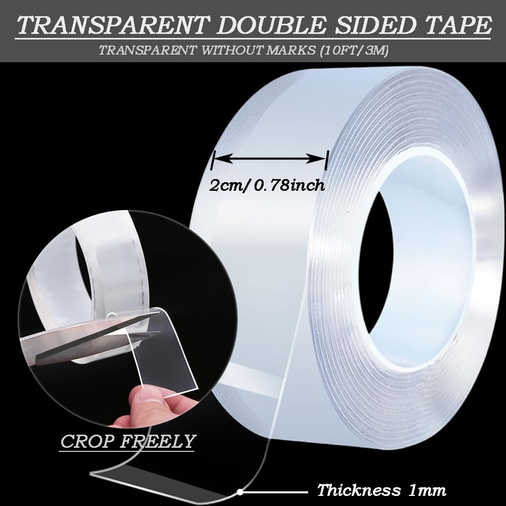 YOFASEN Double Sided Tape Heavy Duty - Double Sided Sticky Tape Reusable Removable Traceless Strong Mounting Nano Tape for Carpet, Photos Wall, Posters, Kitchen, Party, 1mm x 20mm/3Meter-1