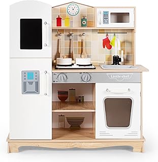 Maxmass Kids Wooden Kitchen, Pretend Play Toy Kitchen with Light & Sound, Stove, Oven, Microwave, Ice Maker, Sink, Cookware Utensils, Little Chef Cooking Role Playset for Boys Girls