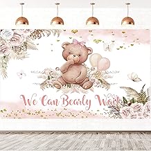 7x5FT Baby Shower Backdrop We Can Bearly Wait Lovely Bear Pink Flowers Pampas Grass Girls Photography Background Newborn Baby Shower Birthday Party Cake Table Decorations Banner Photo Booth Props