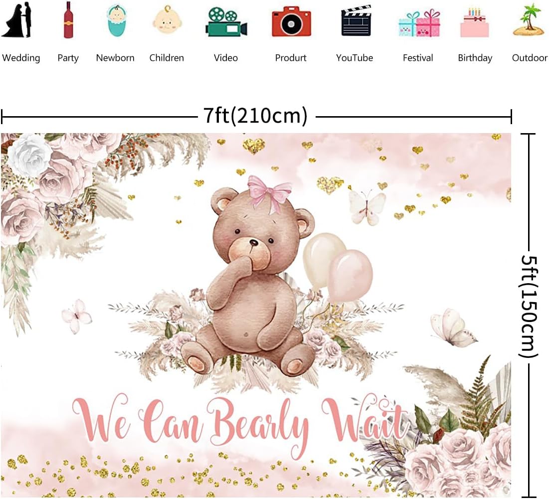 7x5FT Baby Shower Backdrop We Can Bearly Wait Lovely Bear Pink Flowers Pampas Grass Girls Photography Background Newborn Baby Shower Birthday Party Cake Table Decorations Banner Photo Booth Props-1