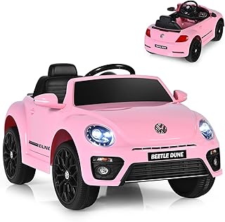 GYMAX Kids Ride on Car, 12V Licensed Volkswagen Beetle Battery Powered Car with Remote Control, Bluetooth, USB, FM, Music, Spring Suspension&Slow Start, Children Electric Vehicle for Girls Boys (Pink)