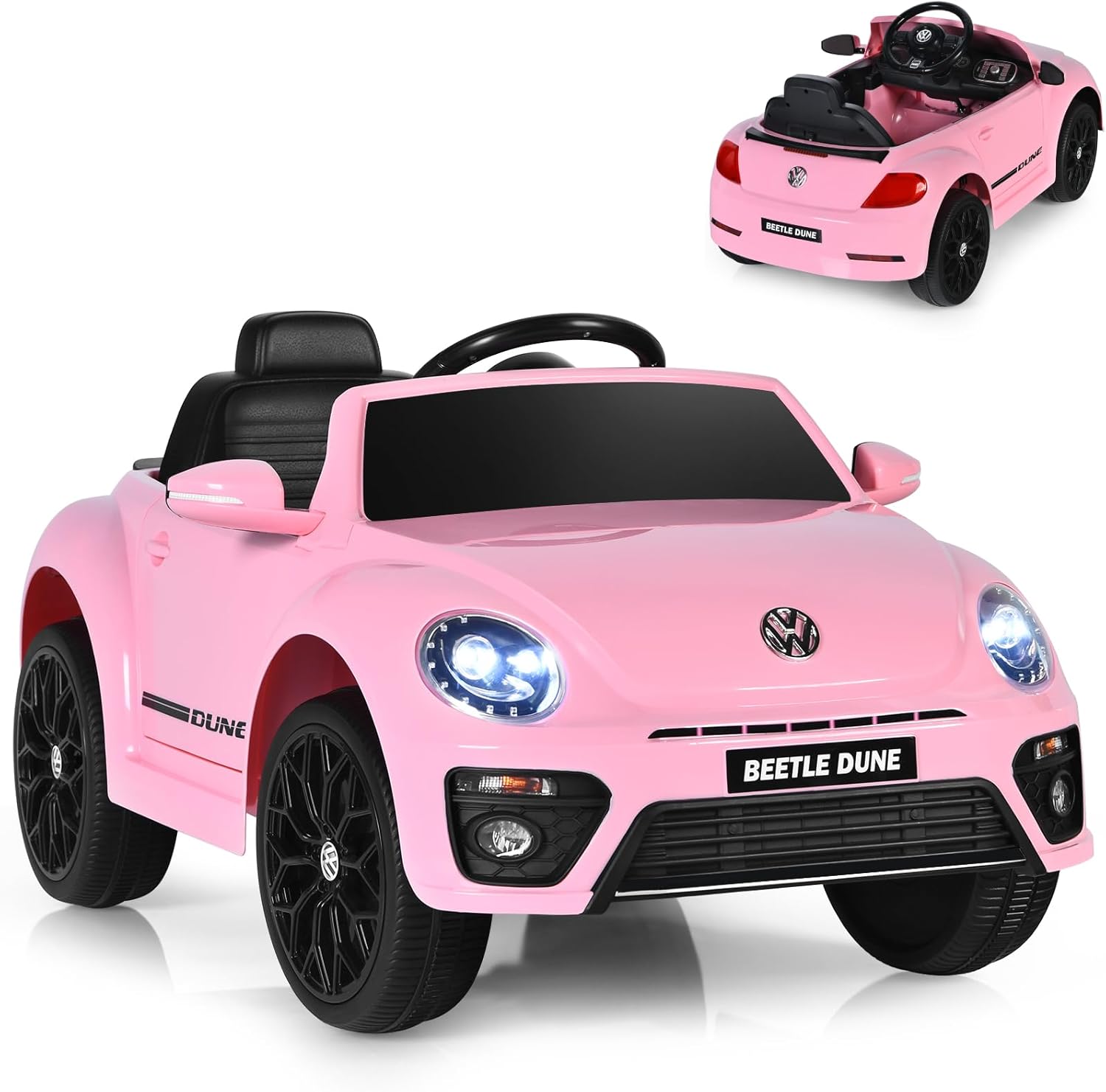 GYMAX Kids Ride on Car, 12V Licensed Volkswagen Beetle Battery Powered Car with Remote Control, Bluetooth, USB, FM, Music, Spring Suspension&Slow Start, Children Electric Vehicle for Girls Boys (Pink)-0