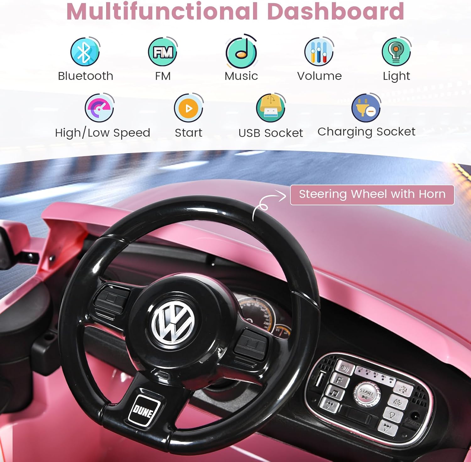 GYMAX Kids Ride on Car, 12V Licensed Volkswagen Beetle Battery Powered Car with Remote Control, Bluetooth, USB, FM, Music, Spring Suspension&Slow Start, Children Electric Vehicle for Girls Boys (Pink)-1