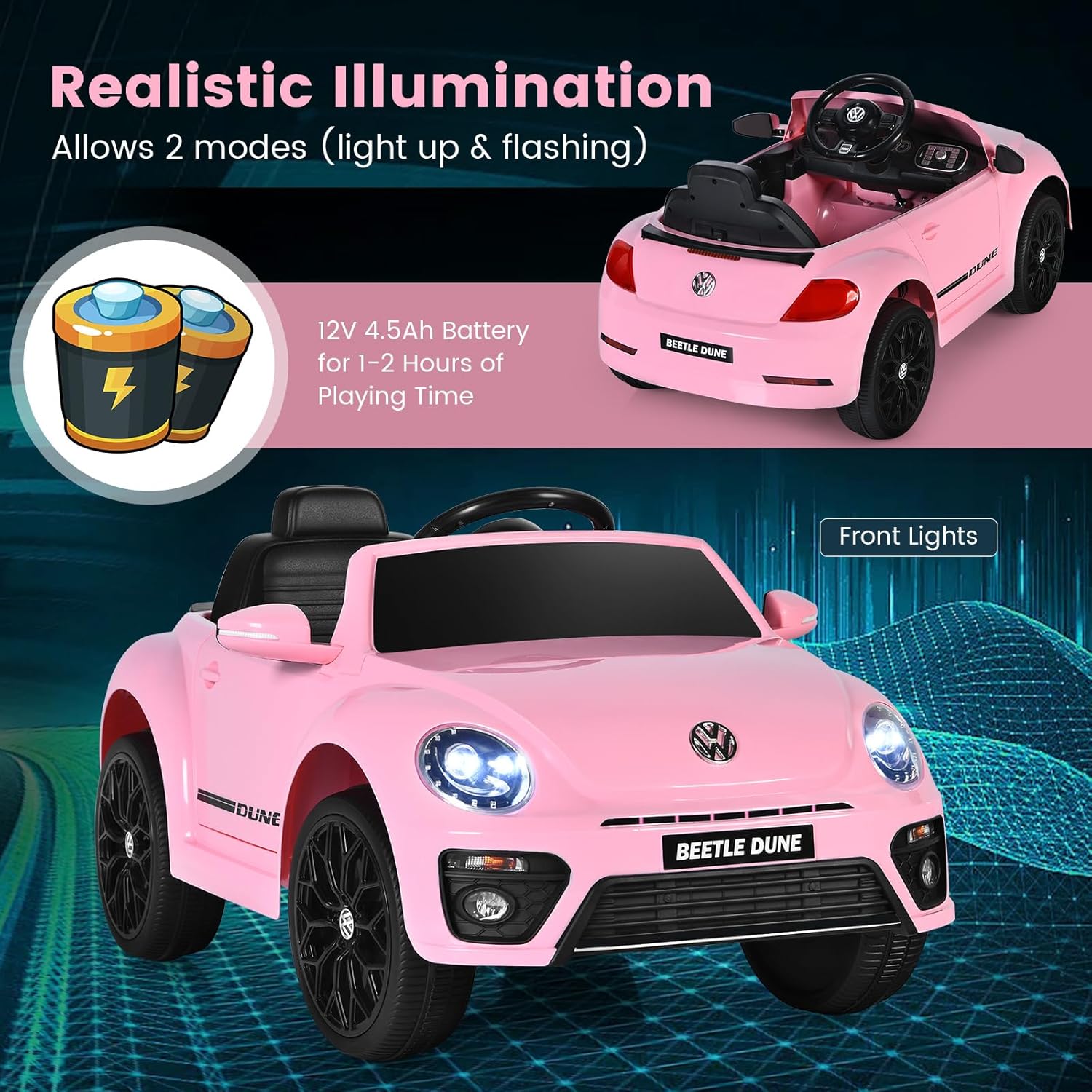 GYMAX Kids Ride on Car, 12V Licensed Volkswagen Beetle Battery Powered Car with Remote Control, Bluetooth, USB, FM, Music, Spring Suspension&Slow Start, Children Electric Vehicle for Girls Boys (Pink)-3