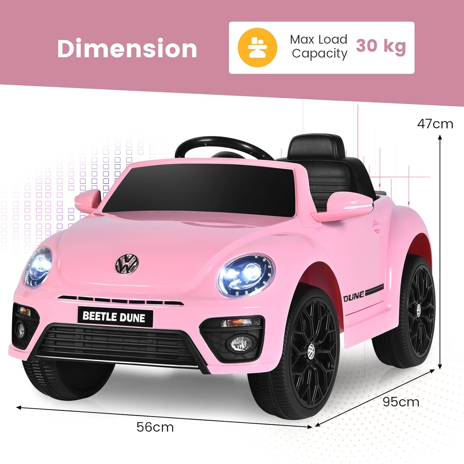 GYMAX Kids Ride on Car, 12V Licensed Volkswagen Beetle Battery Powered Car with Remote Control, Bluetooth, USB, FM, Music, Spring Suspension&Slow Start, Children Electric Vehicle for Girls Boys (Pink)-5