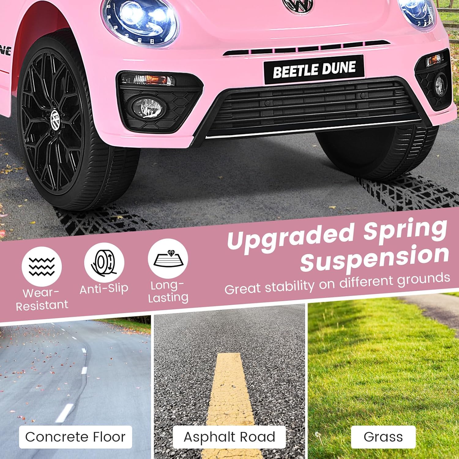 GYMAX Kids Ride on Car, 12V Licensed Volkswagen Beetle Battery Powered Car with Remote Control, Bluetooth, USB, FM, Music, Spring Suspension&Slow Start, Children Electric Vehicle for Girls Boys (Pink)-6