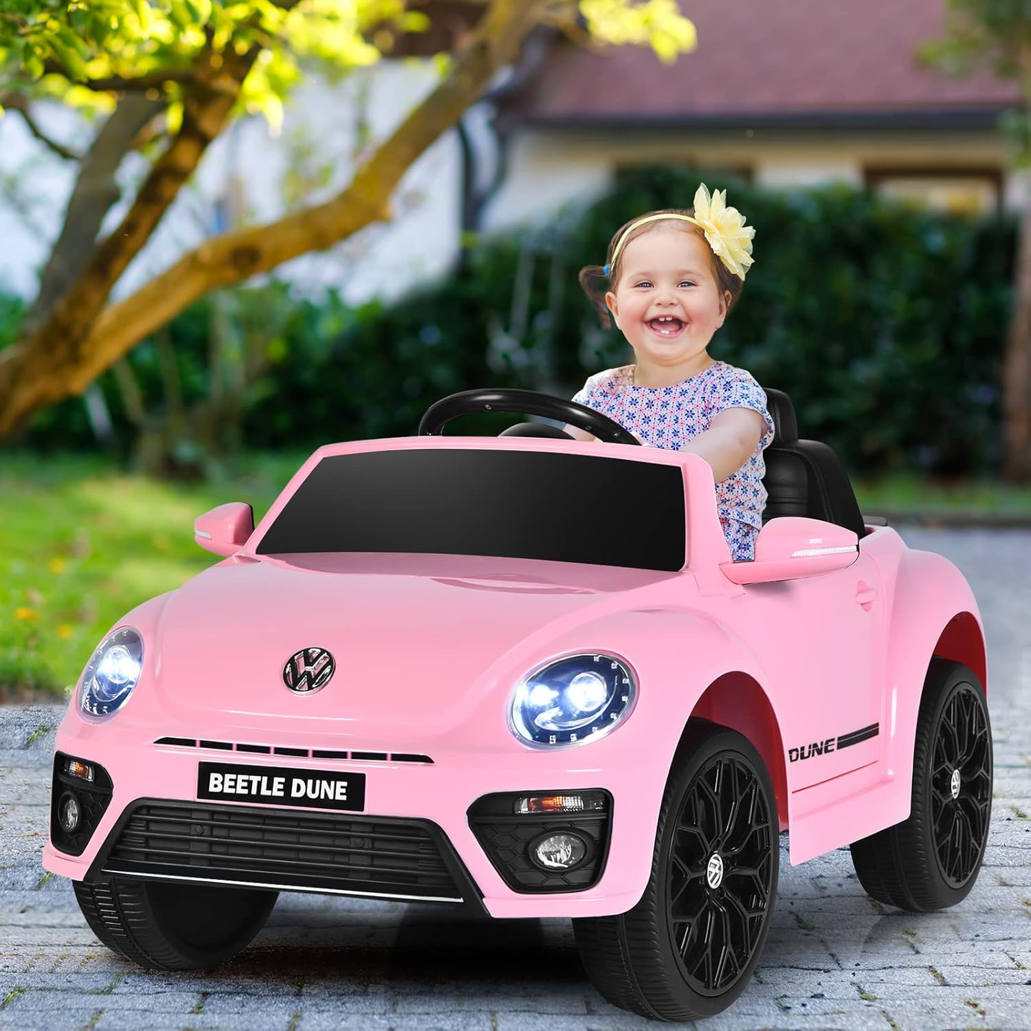 GYMAX Kids Ride on Car, 12V Licensed Volkswagen Beetle Battery Powered Car with Remote Control, Bluetooth, USB, FM, Music, Spring Suspension&Slow Start, Children Electric Vehicle for Girls Boys (Pink)-7