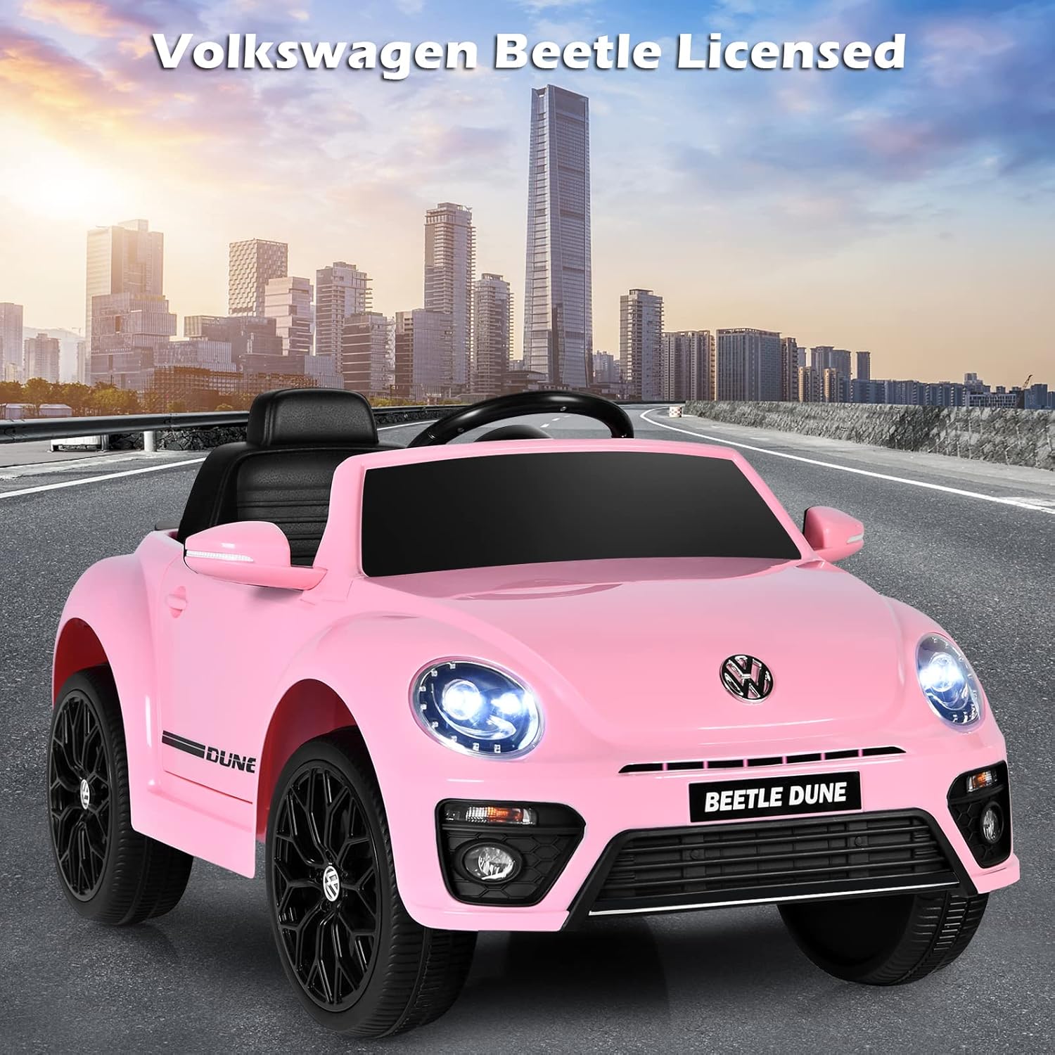 GYMAX Kids Ride on Car, 12V Licensed Volkswagen Beetle Battery Powered Car with Remote Control, Bluetooth, USB, FM, Music, Spring Suspension&Slow Start, Children Electric Vehicle for Girls Boys (Pink)-8