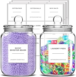 sunal Glass Jars for Laundry Room Organization, Washing Powder Storage Container, 2 x 1.9L with 24 Labels and Airtight Lid, Large Laundry Detergent Dispenser, 2 Jars