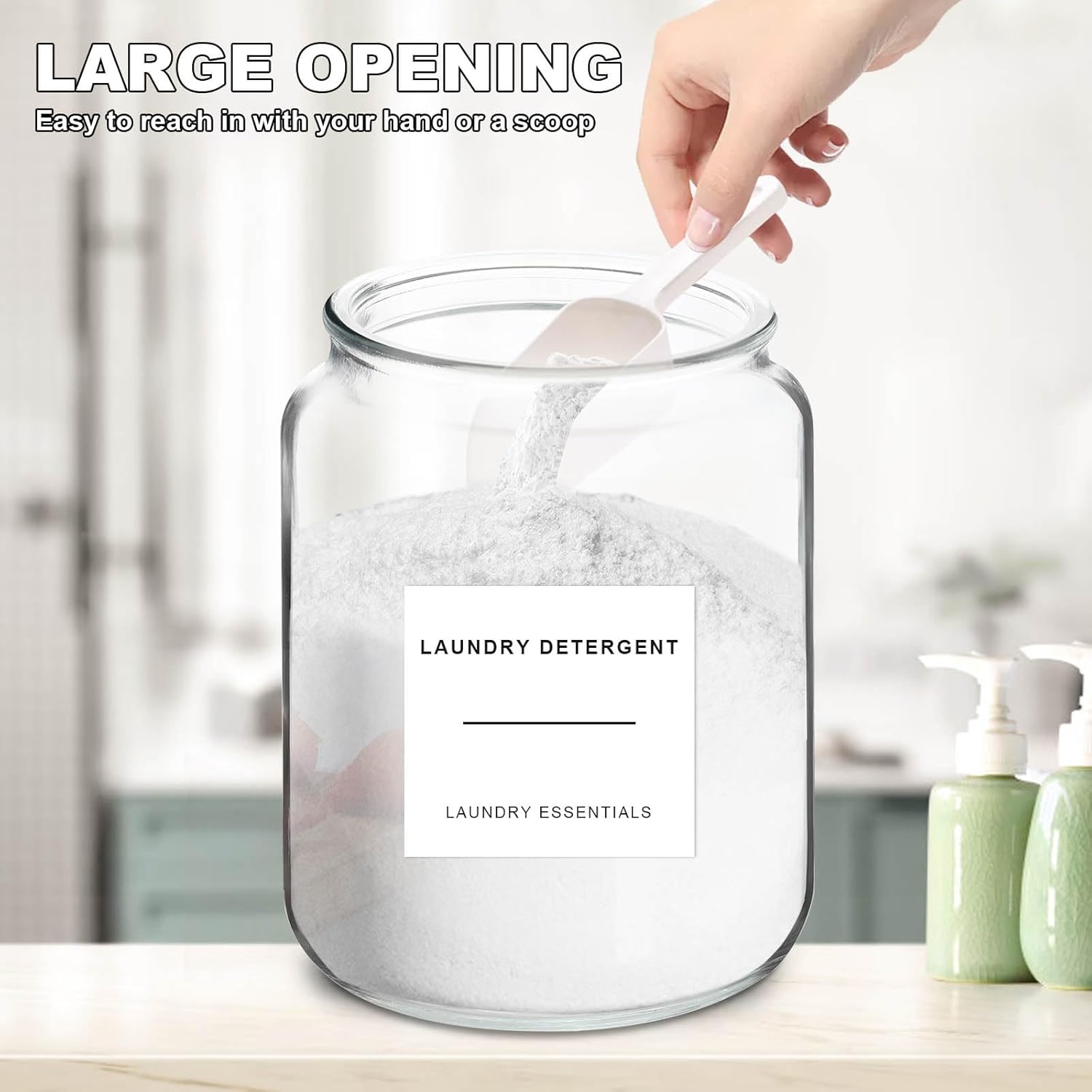 sunal Glass Jars for Laundry Room Organization, Washing Powder Storage Container, 2 x 1.9L with 24 Labels and Airtight Lid, Large Laundry Detergent Dispenser, 2 Jars-3