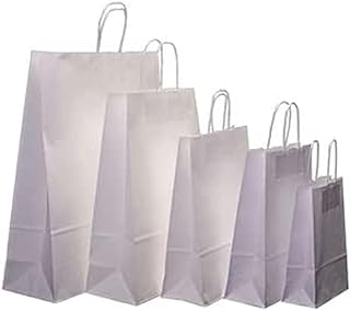 100 X Paper Bag with Handle White Colour SOS Takeaway Round Handle Paper Carrier Bags 100% Recyclable, Biodegradable for Shopping, Gift Bag (100 x White (L) 26 x 14 x 29 cm)