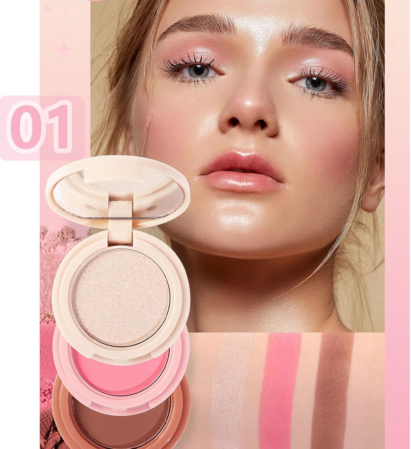 Blushers For Cheeks Make Up 3 Color Face Blush Palette Peach Blusher Shimmering Powdery Blusher Buildable Pressed Powder For Highlighter Contour Lightweight Natural Finish (01)-2