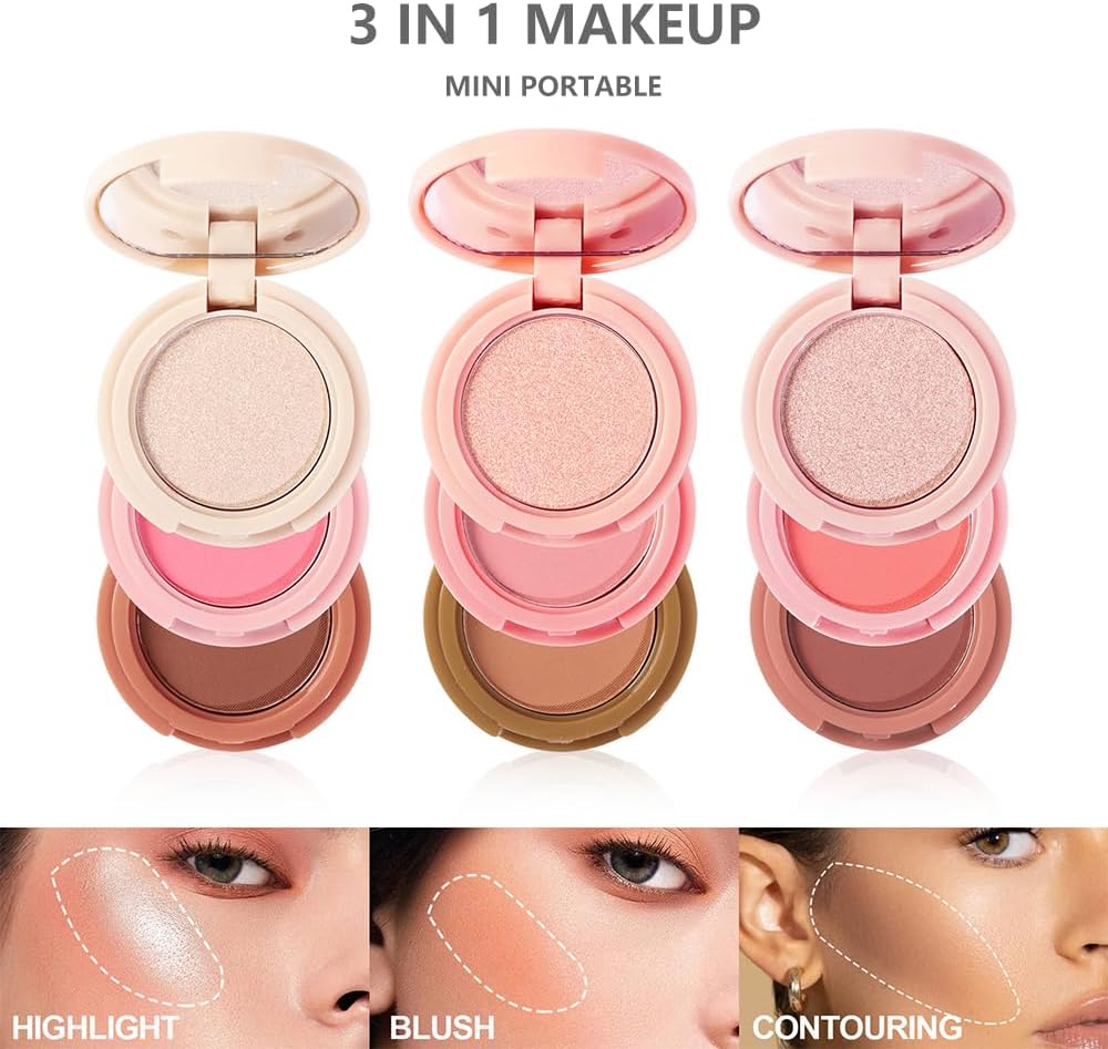 Blushers For Cheeks Make Up 3 Color Face Blush Palette Peach Blusher Shimmering Powdery Blusher Buildable Pressed Powder For Highlighter Contour Lightweight Natural Finish (01)-5