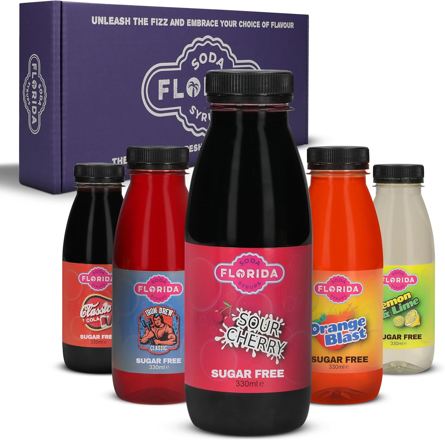 Florida Soda Syrup Compatible With Sodastream - Classic Range Apartame & Sugar Free | Iron Brew, Lime & Lemon, Orange, Cola, Sour Cherry Concentrated Flavours (Classic Sugar Free, 5 Pack)