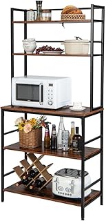 TANGZON 5-Tier Kitchen Baker's Rack, Freestanding Microwave Oven Stand with Wine Rack & Anti-Toppling Device, Metal Frame Utility Storage Shelf for Dining Living Room (No Wine Rack, 80x40x170cm)