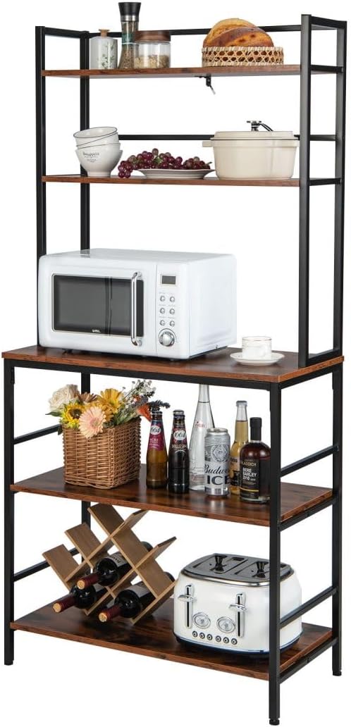 TANGZON 5-Tier Kitchen Baker's Rack, Freestanding Microwave Oven Stand with Wine Rack & Anti-Toppling Device, Metal Frame Utility Storage Shelf for Dining Living Room (No Wine Rack, 80x40x170cm)-0