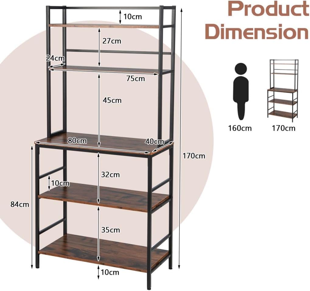 TANGZON 5-Tier Kitchen Baker's Rack, Freestanding Microwave Oven Stand with Wine Rack & Anti-Toppling Device, Metal Frame Utility Storage Shelf for Dining Living Room (No Wine Rack, 80x40x170cm)-2